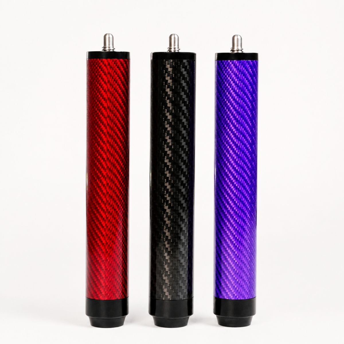 186mm carbon fiber pool cue rear extension available in red, black and purple.