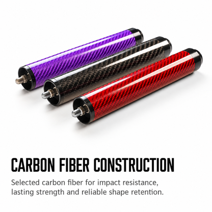 186mm carbon fiber pool cue rear extension available in red, black and purple.