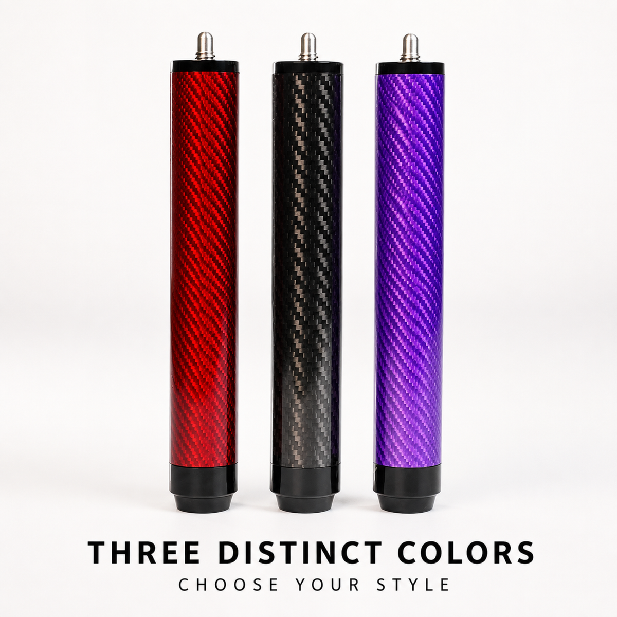 186mm carbon fiber pool cue rear extension available in red, black and purple.