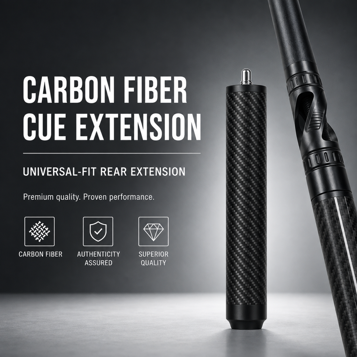 186mm carbon fiber pool cue rear extension available in red, black and purple.