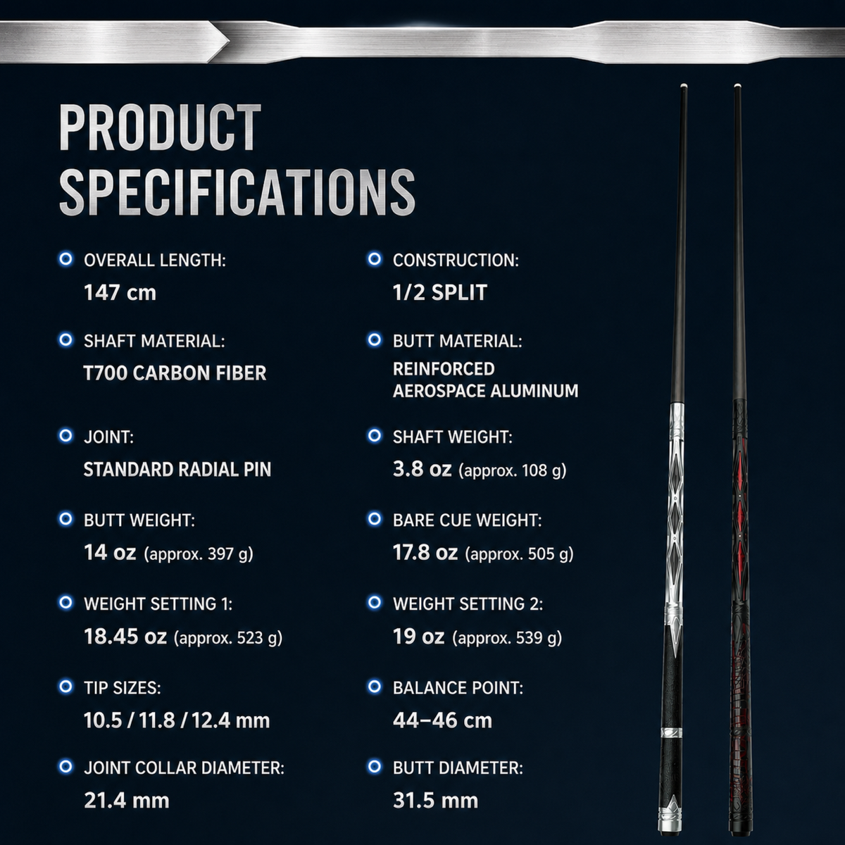 LANZEY Stellar T700 Carbon Fiber & Aluminum Cue Set