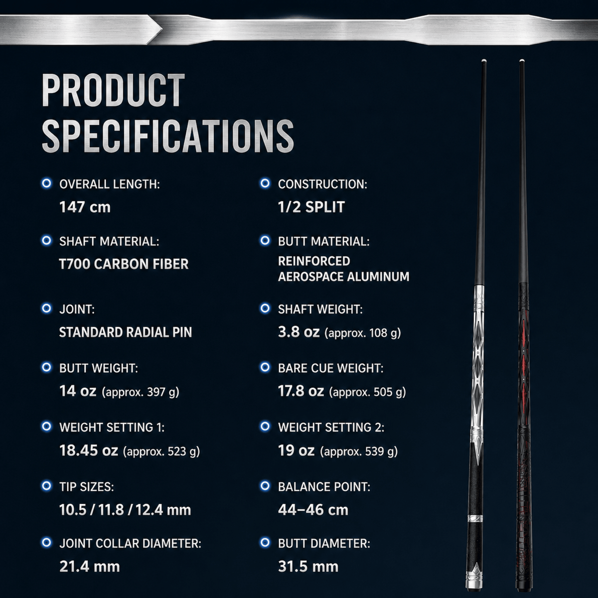 LANZEY Stellar T700 Carbon Fiber & Aluminum Pool Cue - LANZEY