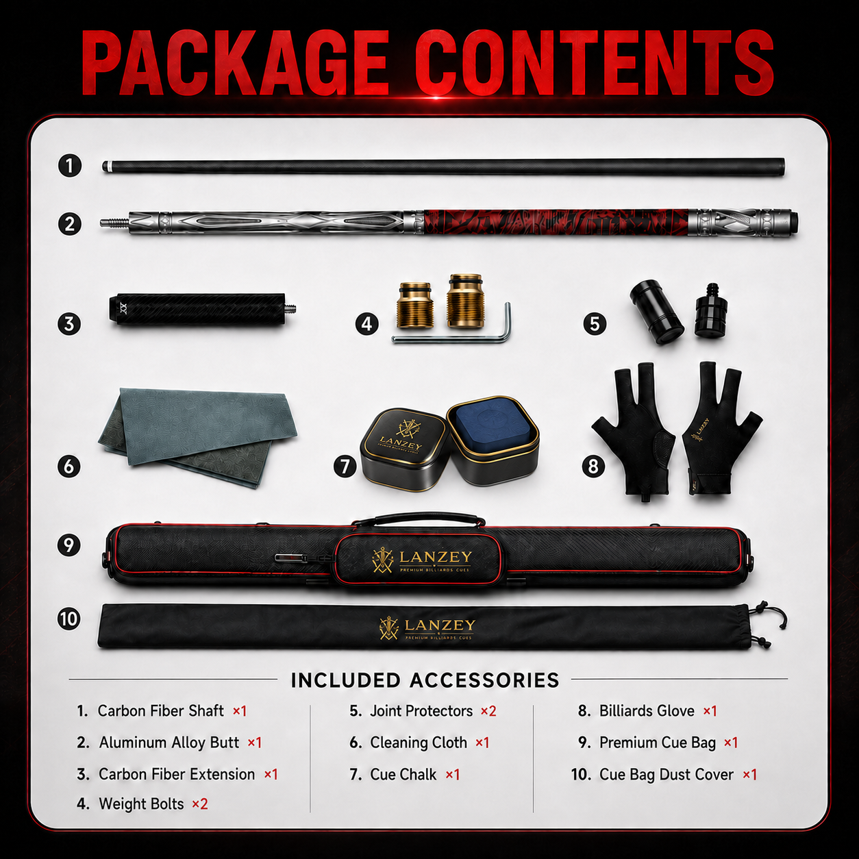 LANZEY X-Series Carbon Fiber Pool Cue Set – Premium Aluminum Alloy Cue with Adjustable Weight System & Low Deflection Shaft