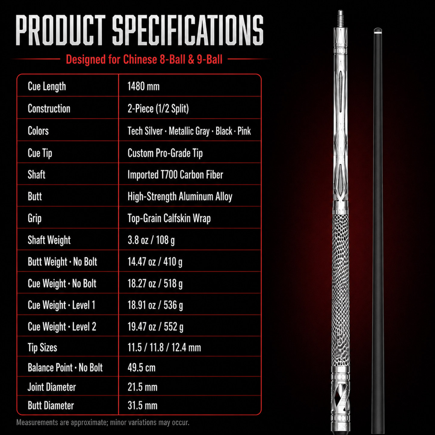 LANZEY X-Series T700 Carbon Fiber Pool Cue Set — 10-Piece Kit
